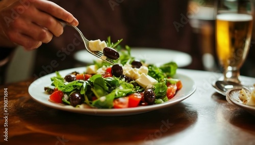 A person sits at a wooden table with a plate of fresh salad with cheese and olives  flanked by two cups. A spoon rests near the top of the plate  likely for serving.