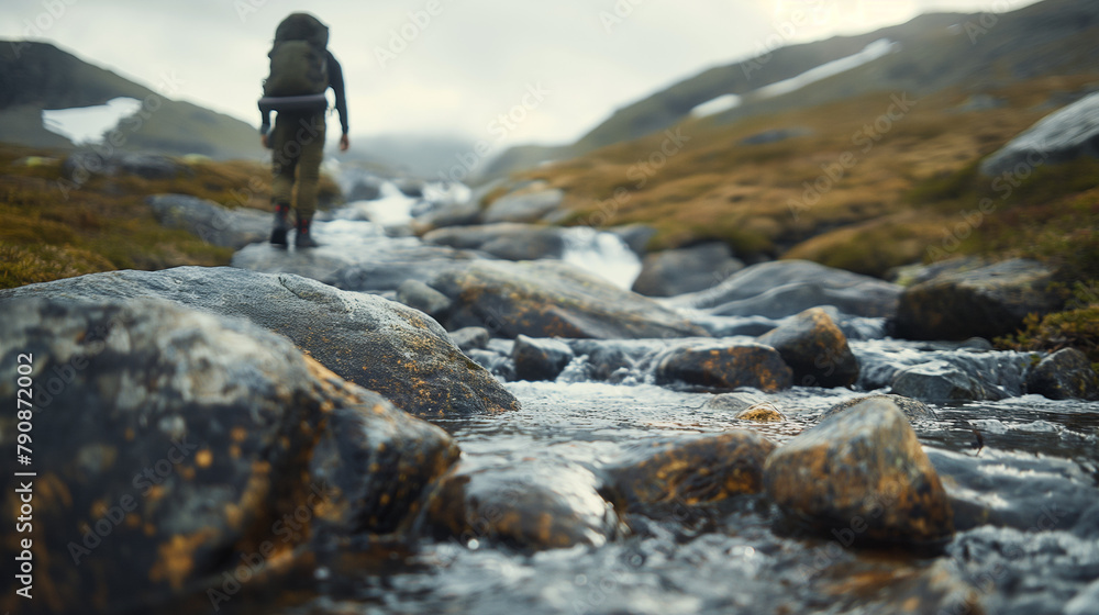 Obraz premium Feet walking on the river. Man in the forest. Exercise in nature with closeup. Mountain climber and athlete walking along the path in the forest. Relaxing and peaceful.