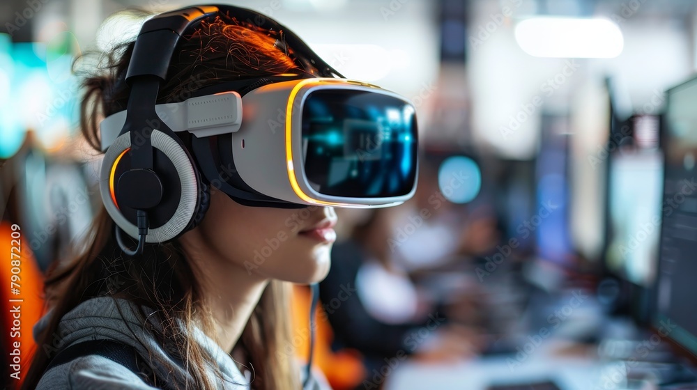 Virtual reality innovation, user with headset and computer Virtual reality innovation, user with headset and computer