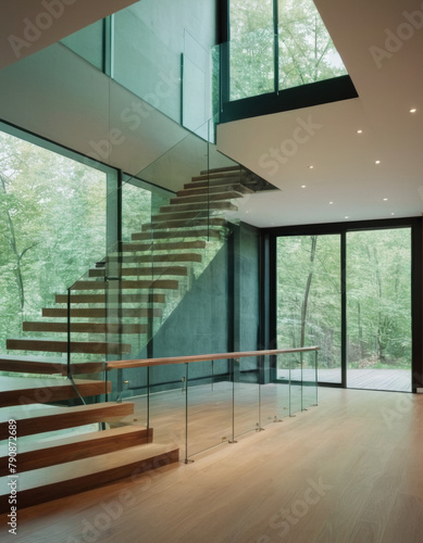 modern home with modern glass staircase railing and floor to ceiling wall of glass