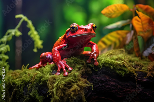 A red frog rest on a mossy log in a natural setting.
