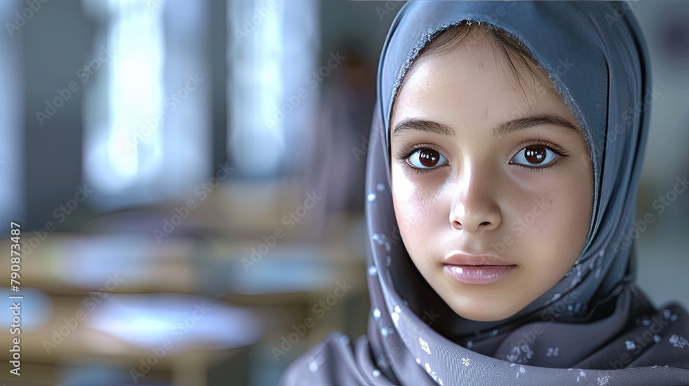 Close portrait of muslim girl at schools classroom. Eyes filled with dreams, ready to conquer. Space for text. Close portrait of muslim girl at schools classroom. Eyes filled with dreams, ready to conquer. Space for text.