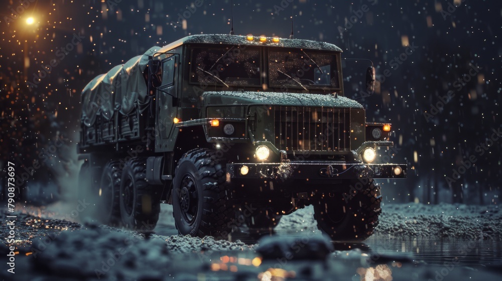 Night photo of army Off-road truck with headlights. Night photo of army Off-road truck with headlights.