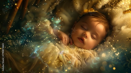 Cozy dreamscape: angelic infant snuggles in crib,  embraced by enchanting dream motifs photo