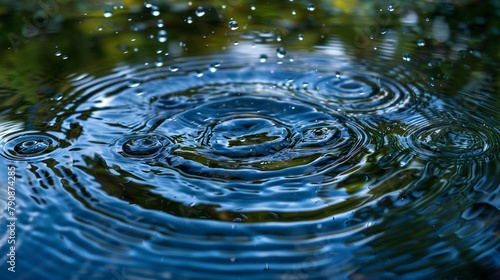 Raindrops create delicate splashes as they fall onto the surface of a tranquil pond  rippling outward in concentric circles.