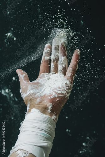 Male athlete's hand in white magnesia powder for grip on sports equipment.