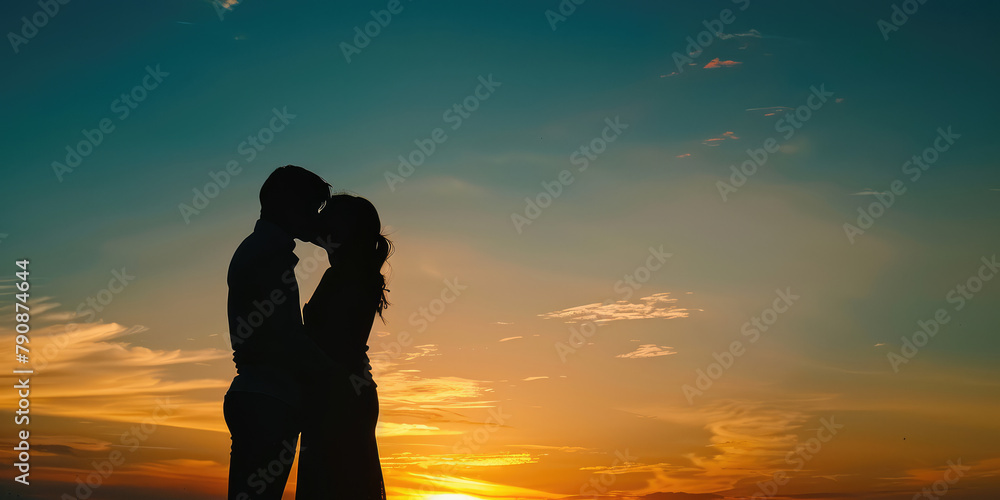 Silhouette of a couple kissing in love against the sunset. Romantic date in nature, falling in love, feelings.