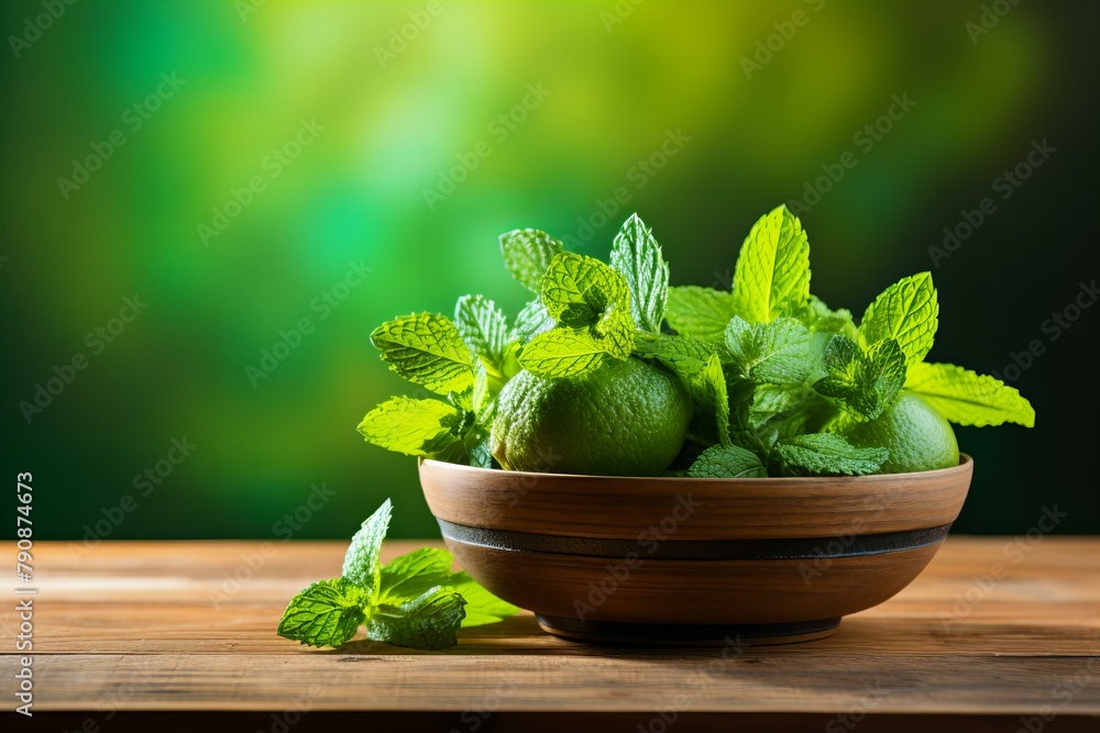 Fresh mint leaves and green limes in a wooden bowl,ai generated Fresh mint leaves and green limes in a wooden bowl,ai generated