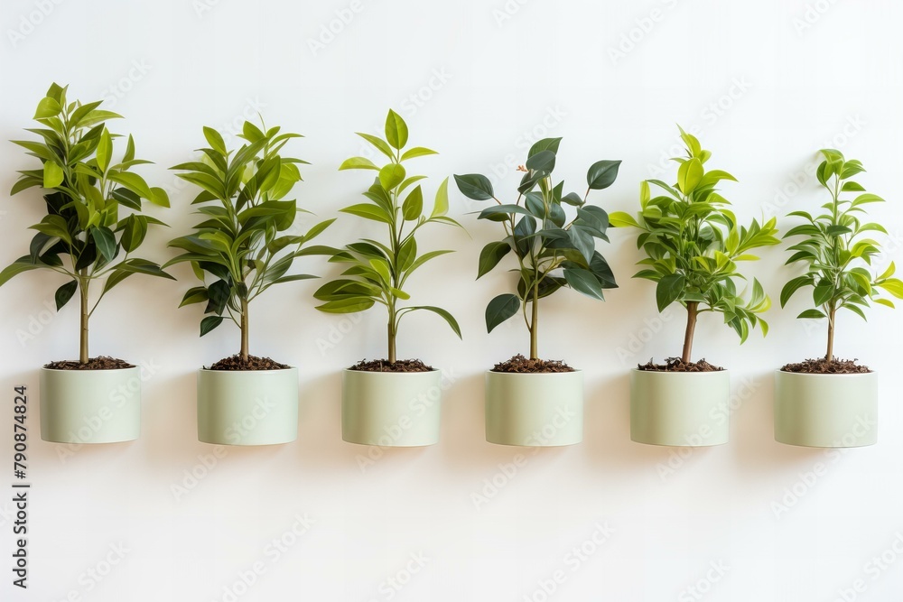 a row of green plants in pots on a white background,ai generated a row of green plants in pots on a white background,ai generated