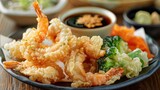 A plate of crispy tempura vegetables with dipping sauce