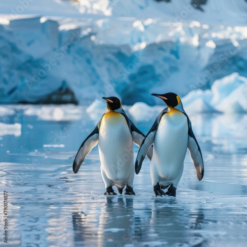 A couple of penguins walking together on the ice