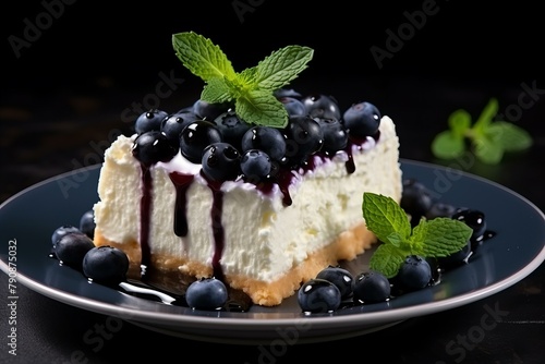 cheesecake with blueberries and mint on a black background,ai generated