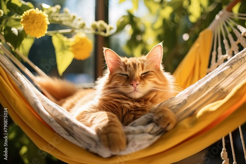 A lazy cat lies in a hammock on a summer day. A pet is having a vacation at a resort.ai generated