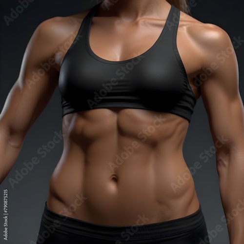 Studio Portrait of Slim Muscular Fitness Woman's Torso visible abdomen muscle abs Sculpted Strength Hyper-Realistic 8K
