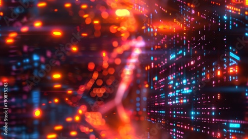 Blurred neon lights background featuring streams of binary code, illuminated by red and blue lights. Neon lights in bokeh style. Futuristic backdrop.