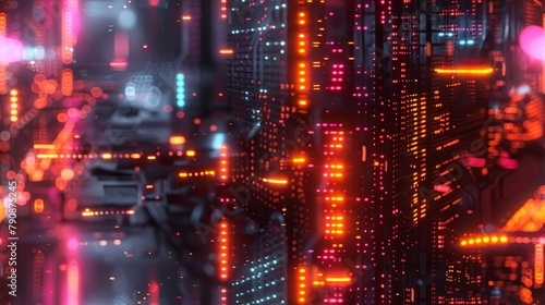 Blurred neon lights background featuring  streams of binary code  illuminated by red and blue lights. Neon lights in bokeh style. Futuristic backdrop.