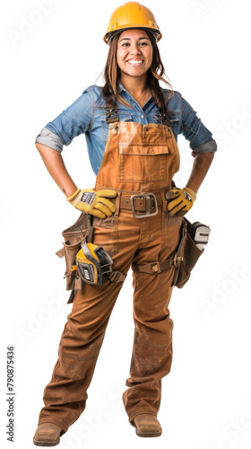 Full body photo of a smiling hispanic female construction worker, isolated on white