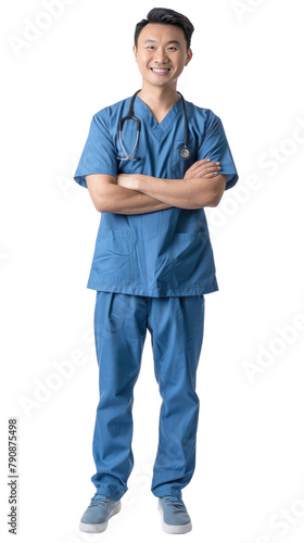 Full body photo of a smiling asian male nurse, isolated on white