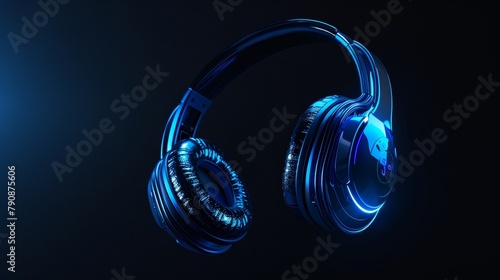 Sleek blue neon headphones casting a soft glow, the essence of modern audio technology photo