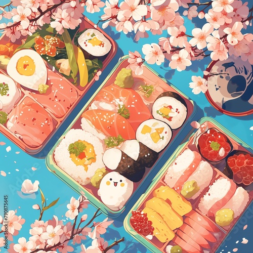 A bento box with a variety of delicious Japanese food, including sushi, onigiri, and fruit, with cherry blossoms in the background.