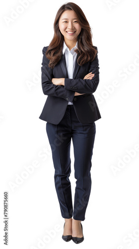 Full body photo of a smiling asian female executive, isolated on white