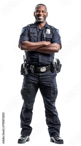 Full body photo of a smiling black male police officer, isolated on white