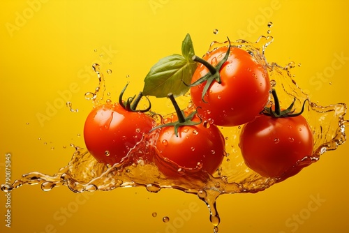 Fresh red tomatoes dipped into water fresh isolated on yellow background. healthy concept,ai generated