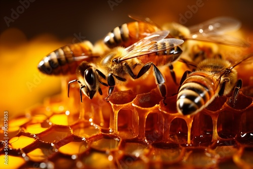 Honeycomb with bees collecting honey. Beekeeping, wholesome food for health,ai generated