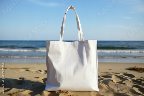 Textile blank white eco tote bag on the resort, sea, beach,ai generated