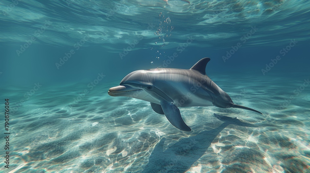 Graceful bottlenose dolphin swimming underwater with light rays filtering through Graceful bottlenose dolphin swimming underwater with light rays filtering through