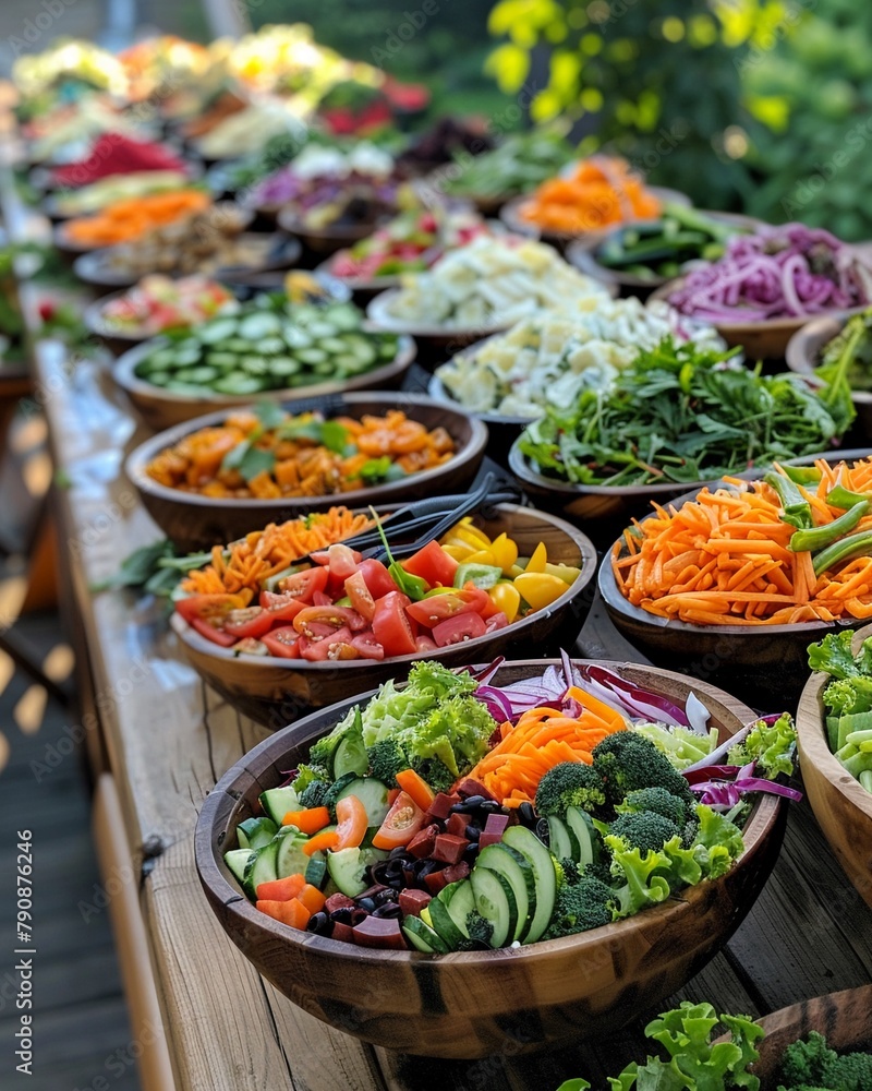 A buffet of refreshing salads served at a union meeting in a community garden