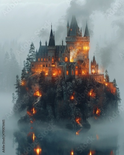 A medieval castle surrounded by gloom and mist, enhancing its haunted appearance