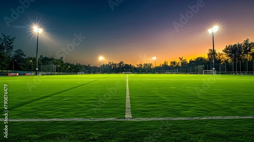 Serene soccer field at twilight with illuminated floodlights