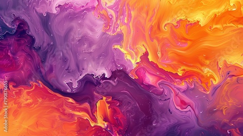 Luminous abstract fluid art with purple and orange hues swirling together
