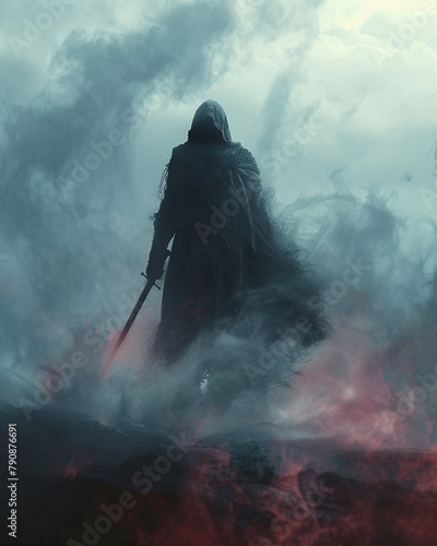 An ancient warrior shrouded in mist, standing on a battlefield at dawn