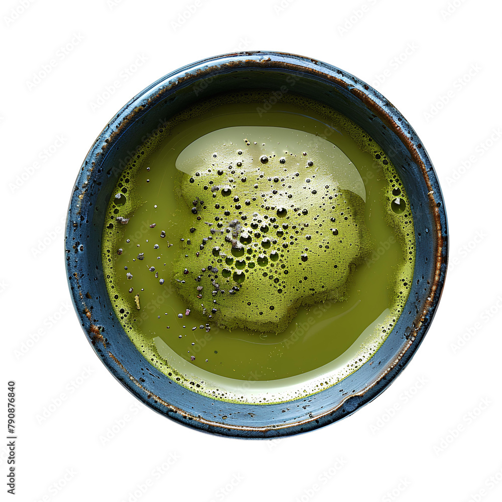 Fototapeta premium Green matcha tea in cup PNG Healthy green tea in blue cup top view PNG. Matcha tea isolated