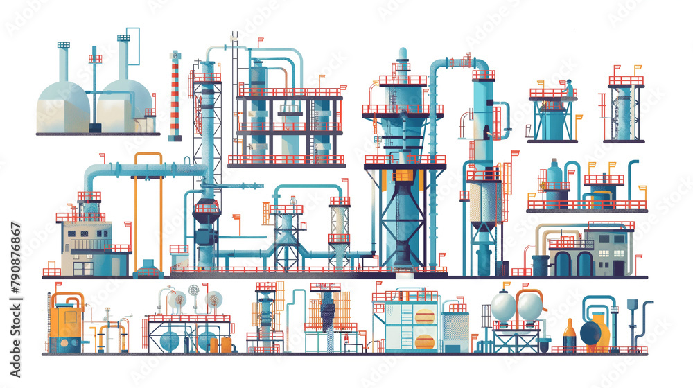 Set of factory or industrial buildings, power plant being built in flat style, refinery or nuclear power plant. Industrial building, eco-style concept, factory, urban landscape