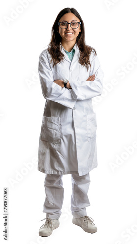 Full body photo of a smiling hispanic female scientist, isolated on white