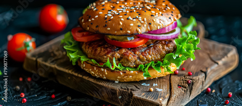 Hamburger on a black stone plate with tomatoes arround, cheesburger with cheese, lettuce, tomato, onions, pickles, and condiments like ketchup and mustard