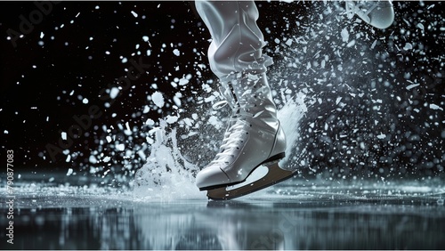 a figure skater's feet mid-motion on the ice. The skater is wearing white skates with blades that are digging into the ice, causing a spray of ice shavings to fan out around the skate photo