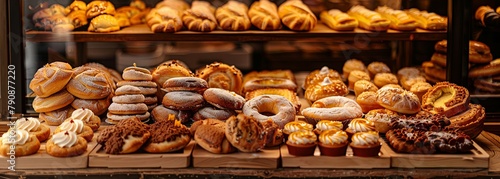 Freshly baked assortment displayed in bakery shop