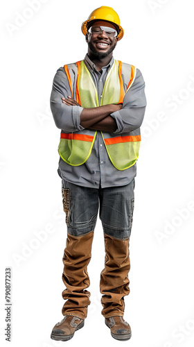 Full body photo of a smiling black male construction worker, isolated on white