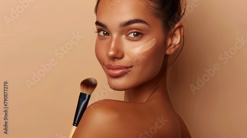 Radiant young woman applying foundation for flawless makeup look