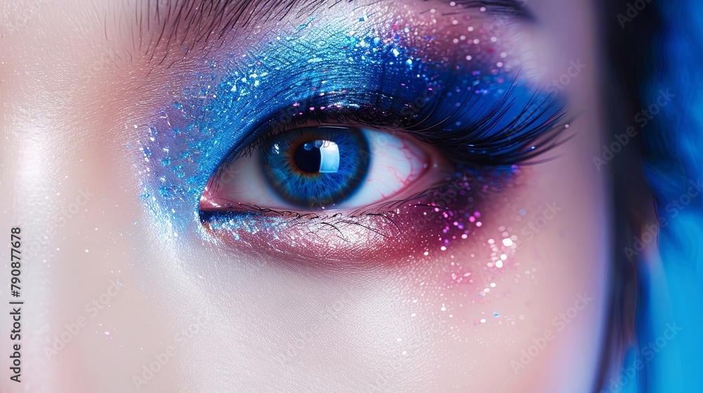 Close-up of creative colorful eye makeup with sparkling details