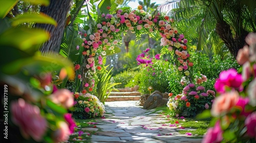 Fototapeta Naklejka Na Ścianę i Meble -  Magical garden archway adorned with vibrant flowers and lush greenery