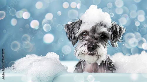 Adorable schnauzer puppy enjoying a bubble bath