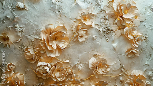 Light decorative texture of a plaster wall with voluminous decorative flowers and golden elements. © Prasanth