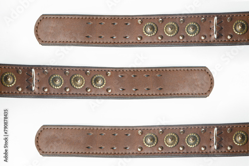 Leather Dog Collar With Spikes Isolated On White Background, Flat Lay.