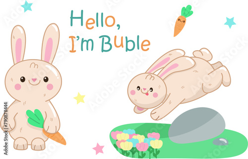 Bright and adorable vector illustrations of a bunny character in kawaii style. These cute and charming poses capture the essence of innocence and playfulness, perfect for children's books, merchandise