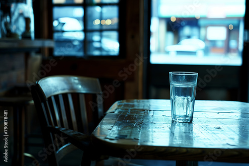 a glass of water on a table in a restaurant.